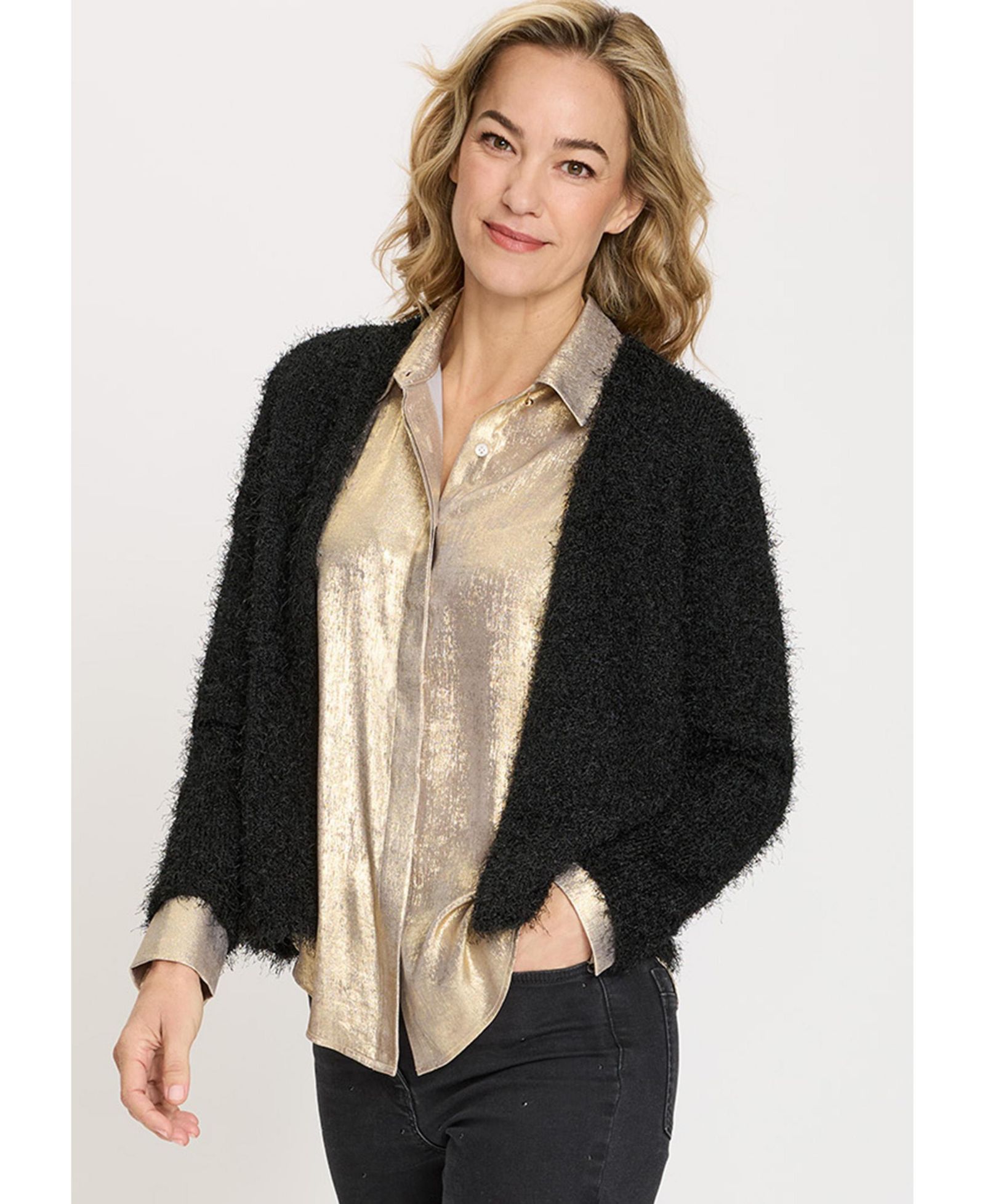 Olsen Women's Cropped Feather Yarn Cardigan