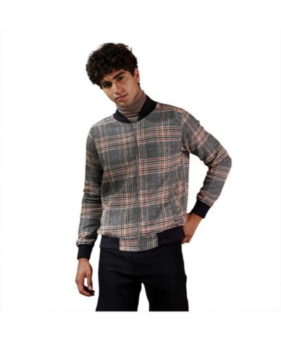Campus Sutra Men's Midnight Black & Chocolate Brown Tartan-Plaid Bomber Jacket