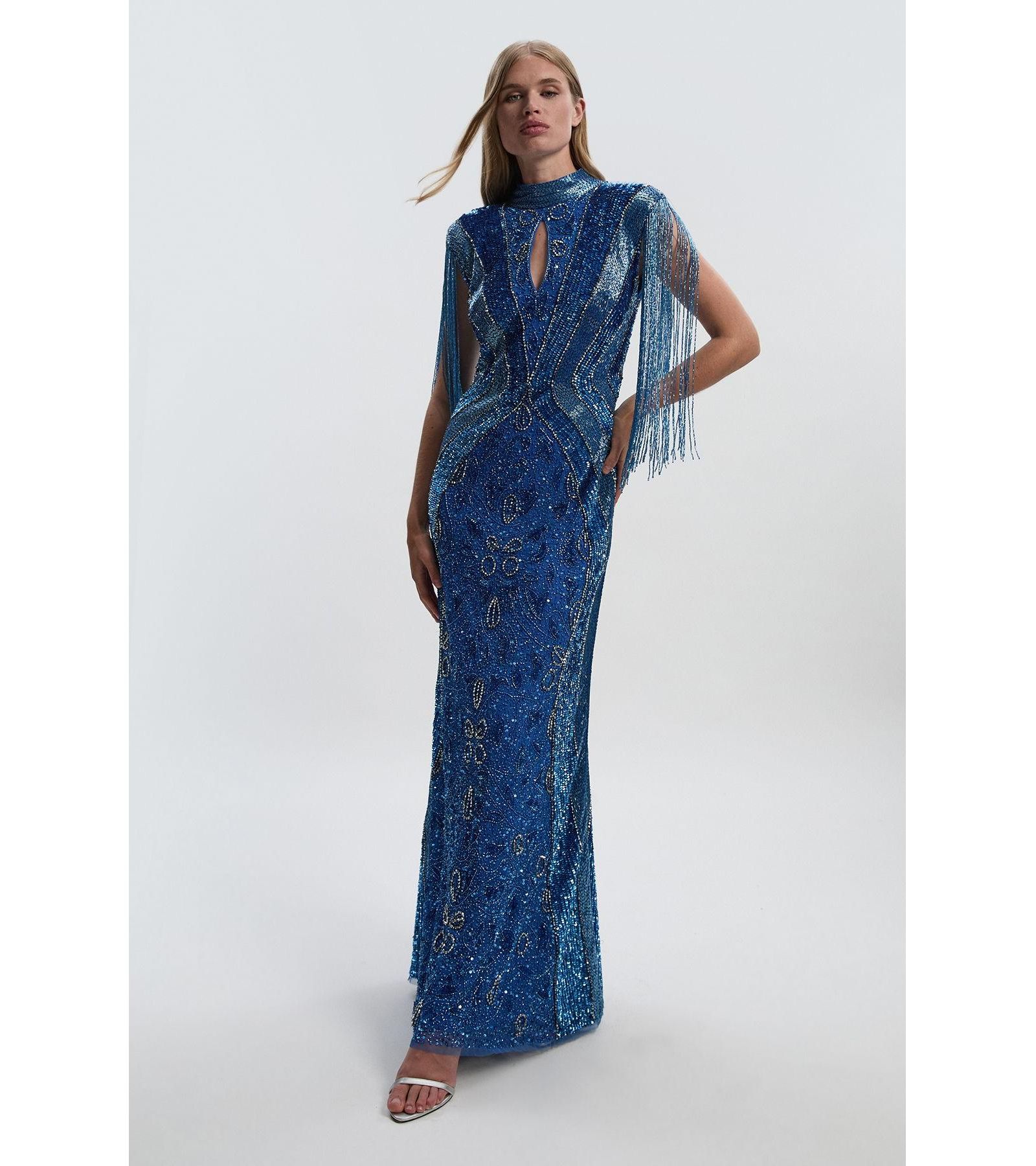 Karen Millen Женское макси-платье с рукавами-кисточками и высоким воротником