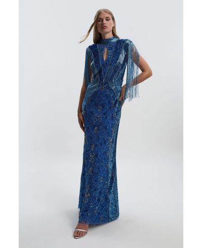 Karen Millen Women's Tassel Sleeve High Neck Maxi Dress