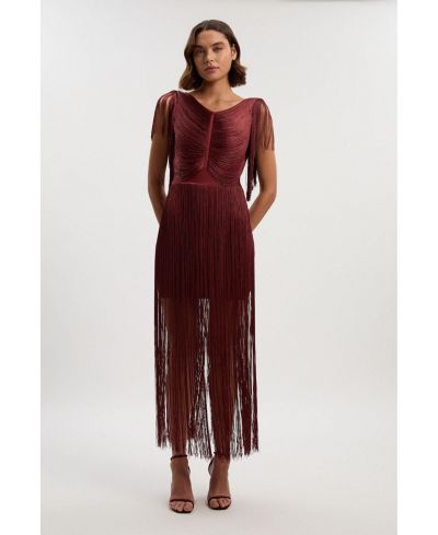 Karen Millen Women's Maxi Draped Fringe Knitted Mini Dress