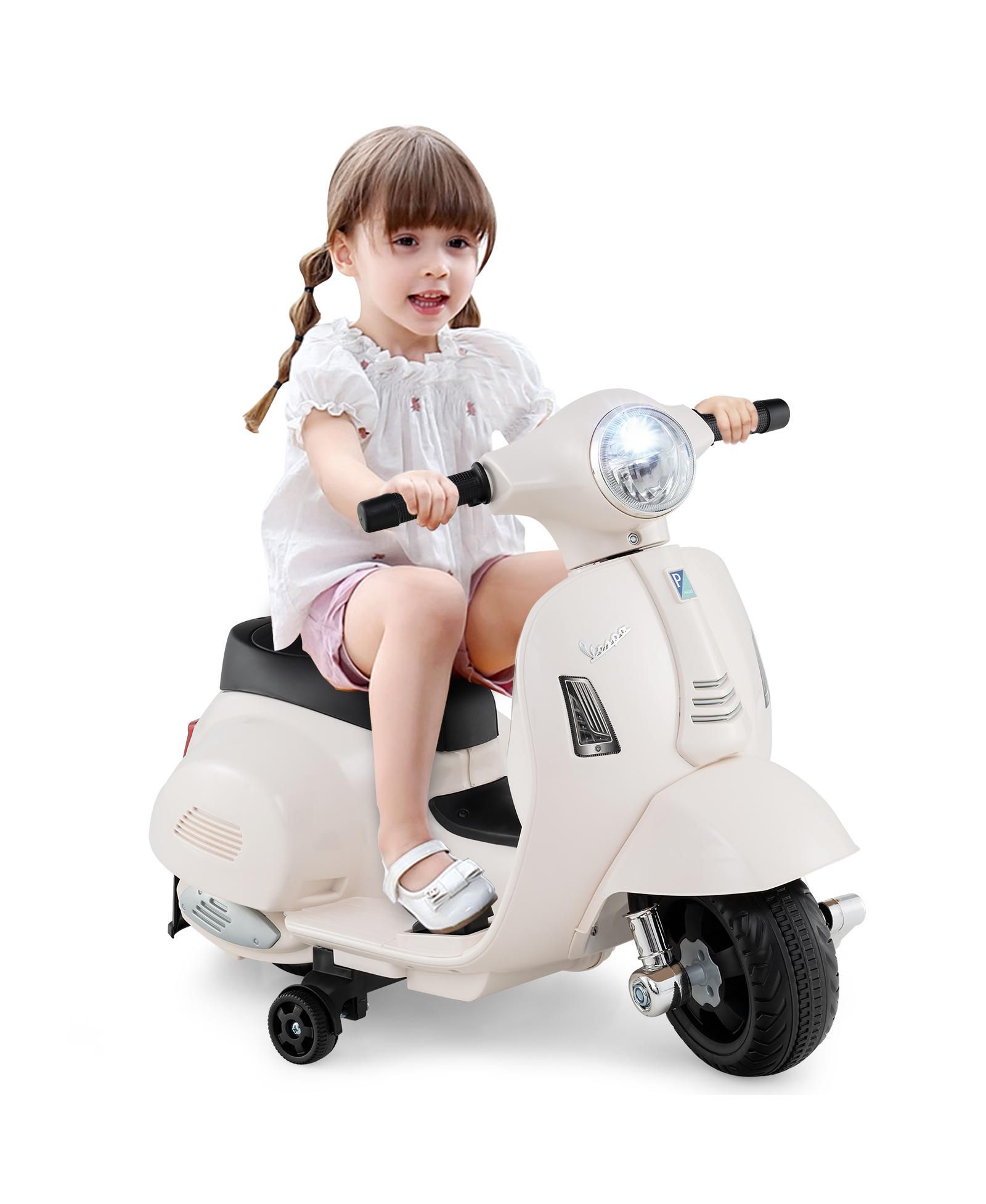 Sugift Licensed Vespa 6V Rechargeable Battery Ride-On Motorcycle with Training Wheels, Ages 18-36 Months