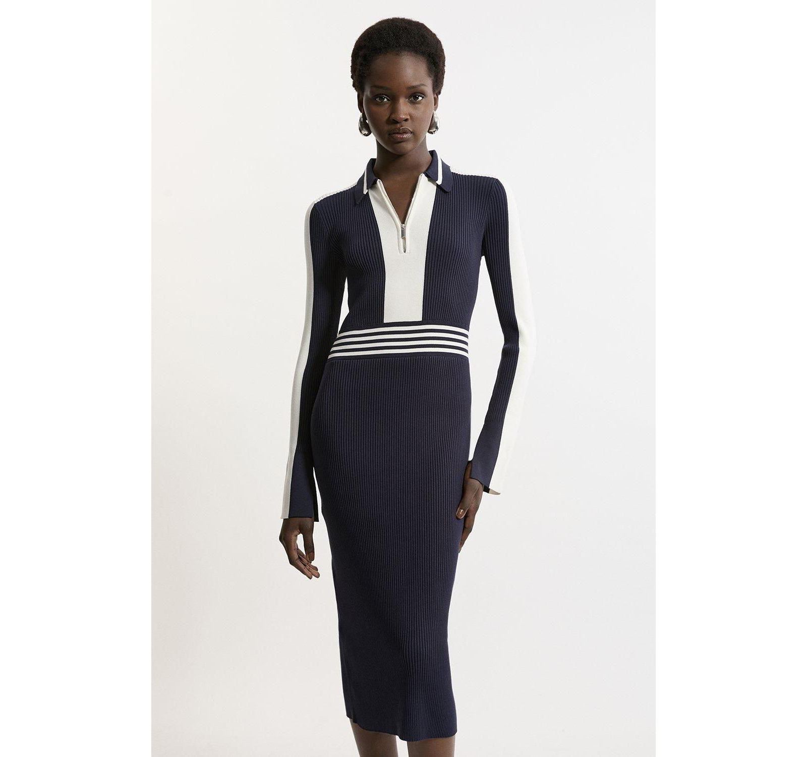Karen Millen Women's Rib Knit Polo Zip Up Midi Dress