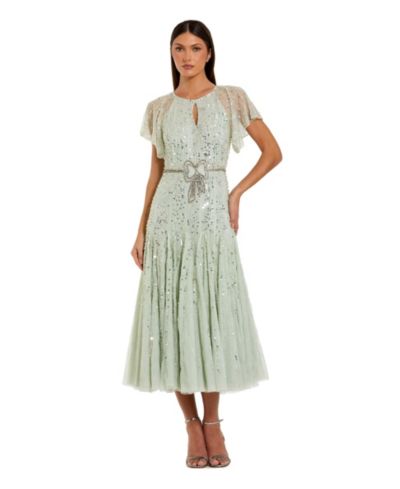 Mac Duggal Women's Enbellished Bow Flutter Sleeve A Line Midi Dress
