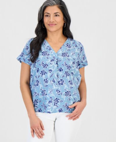 Style & Co Petite Cotton Gauze V-Neck Short-Sleeve Top, Exclusively at Macy's