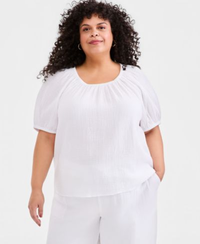 Style & Co Plus Size Cotton Gauze Scoop-Neck Puff-Sleeve Top, Macy's Exclusive