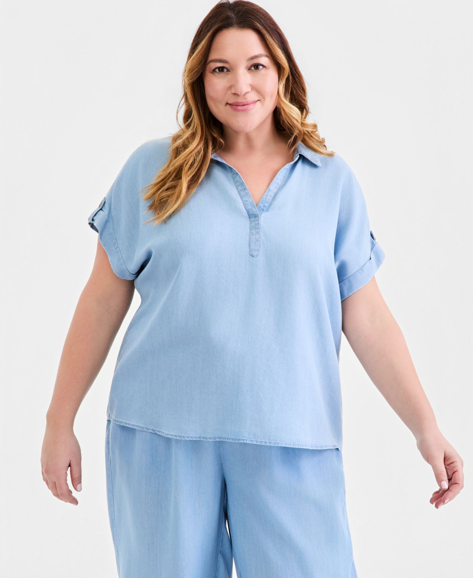 Style & Co Plus Size Chambray Collared Popover Top, Macy's Exclusive