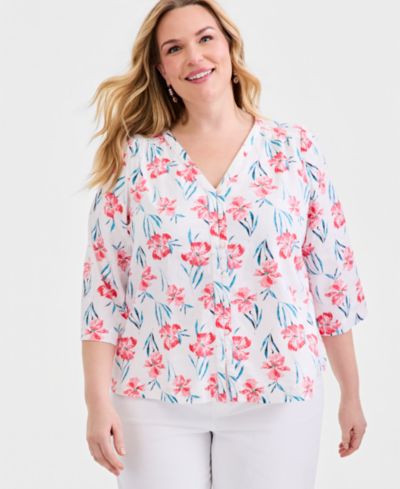 Style & Co Plus Size Printed 3/4-Sleeve Linen Blend Blouse, Macy's Exclusive
