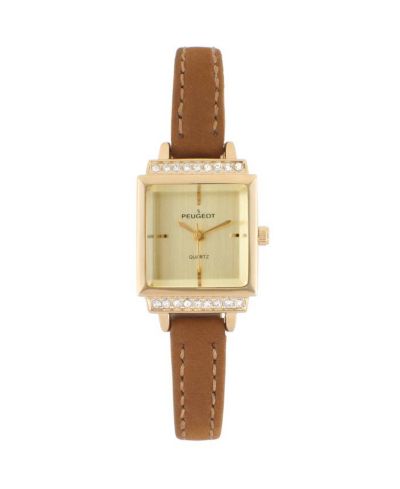 Peugeot Women's 22mm Crystal Watch Gold Dial and Tan Strap