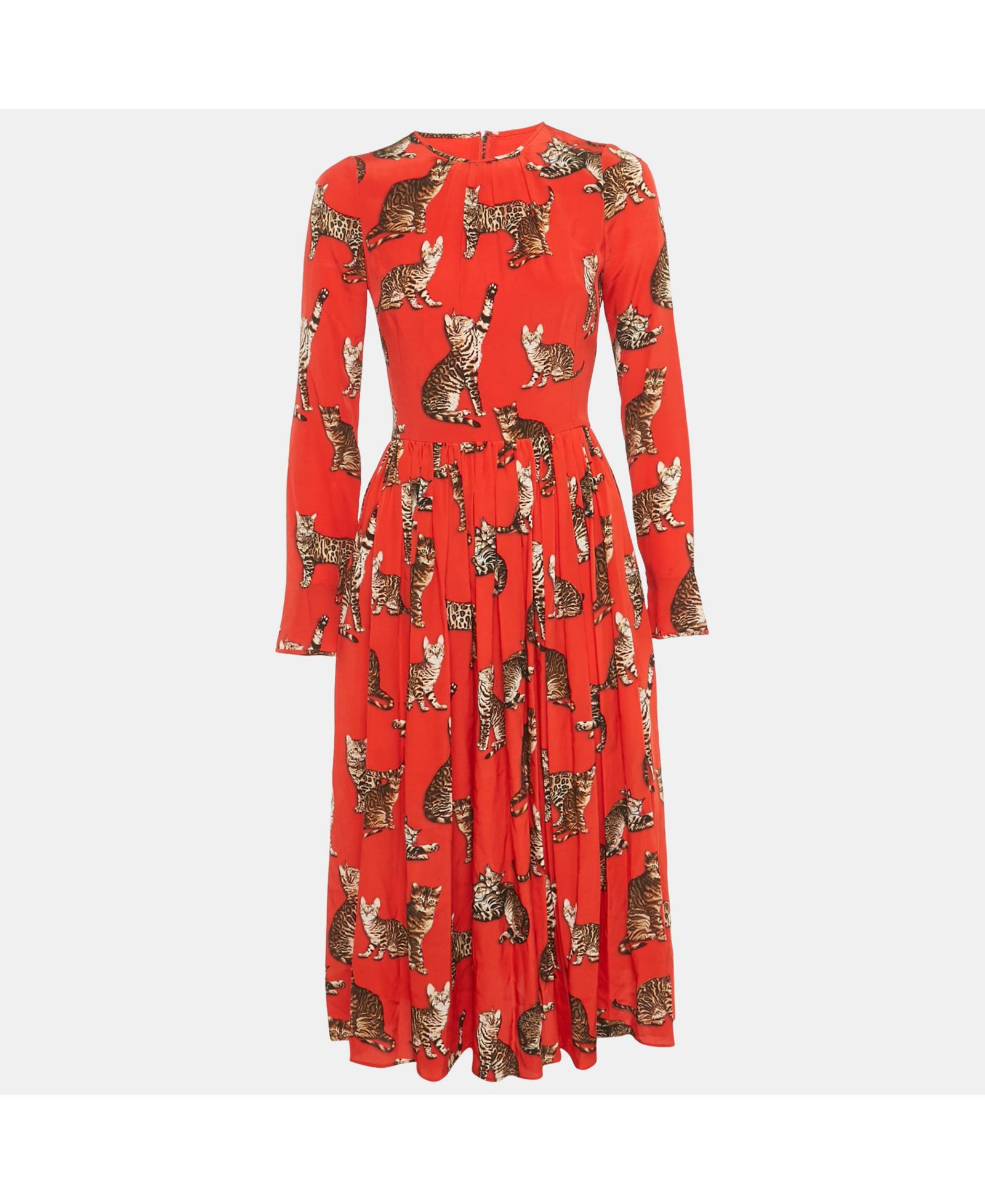 Pre-Owned Dolce & Gabbana Women's Pre-Owned Dolce and Gabbana Red Cat Print Silk Midi Dress