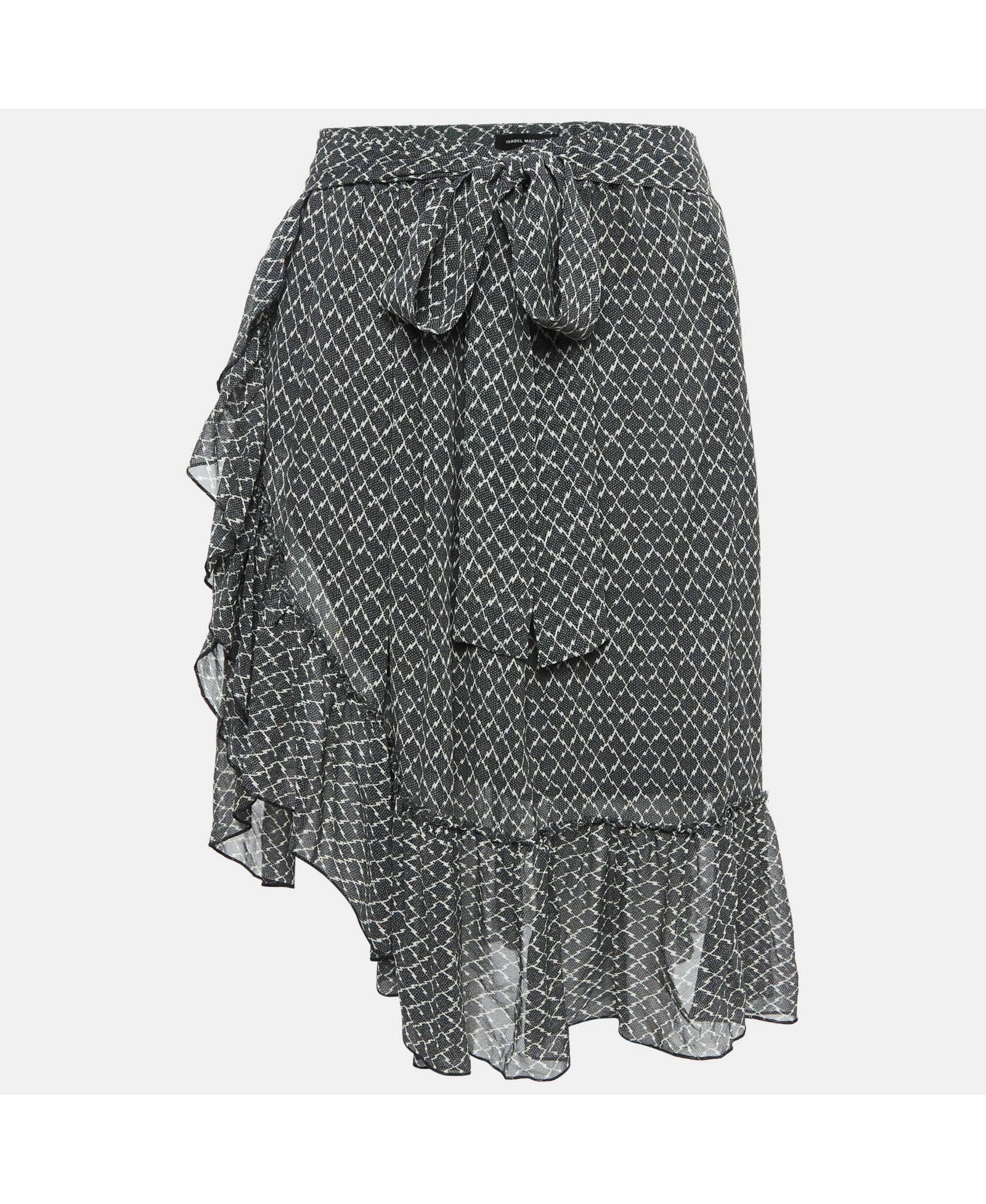 Pre-Owned Isabel Marant Women's Black/white Printed Silk Ruffled Short Skirt