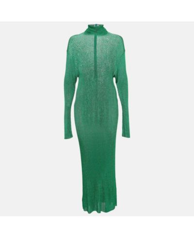 Pre-Owned Balenciaga Women's Green Metallic Rib Knit Turtle Neck Maxi Dress