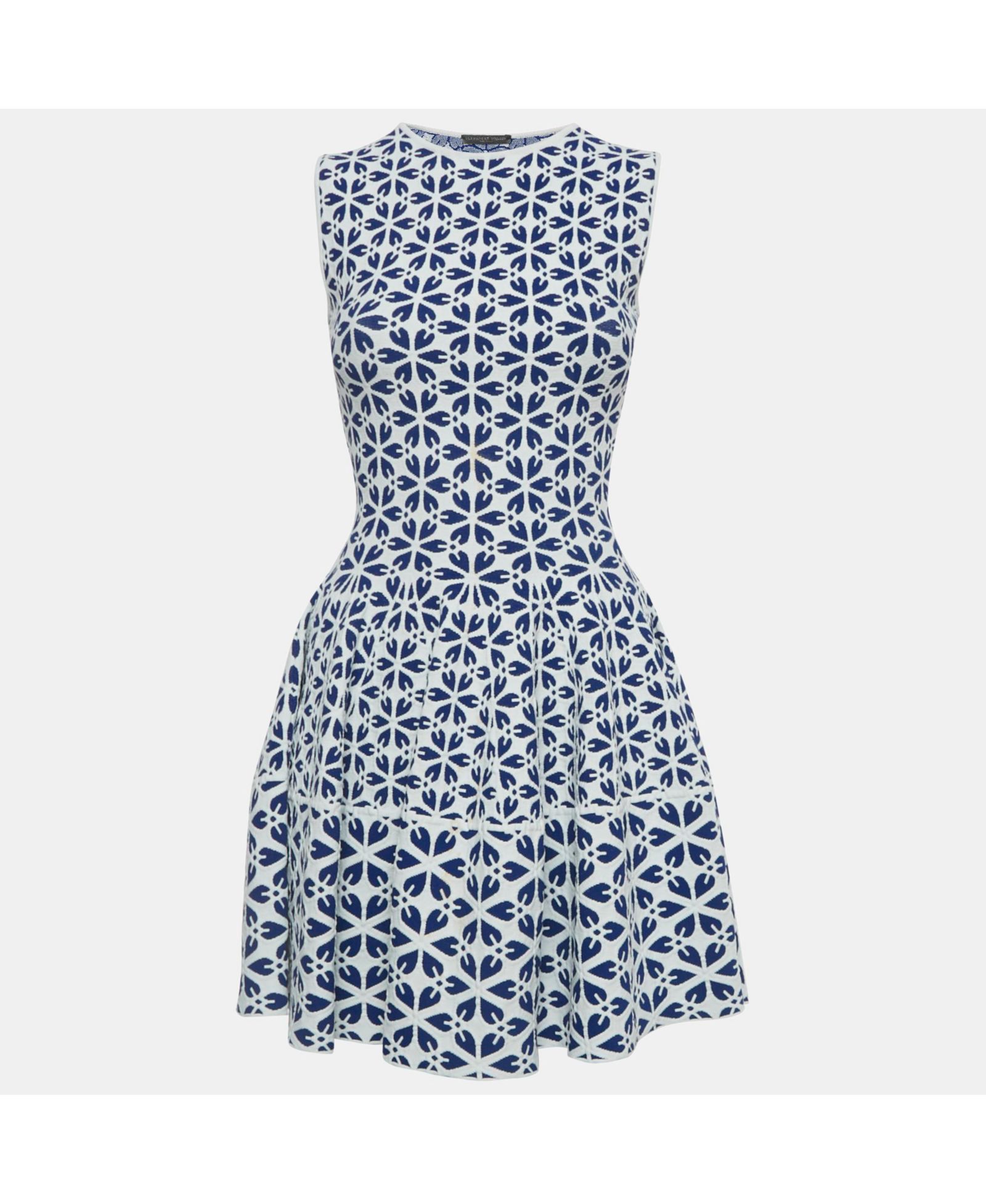 Pre-Owned Alexander Mcqueen Women's White/blue Floral Pattern Stretch Knit Mini Dress