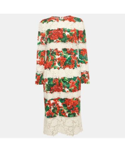 Миди-платье Dolce & Gabbana Multicolor Floral Print Crepe Lace Panel Detail