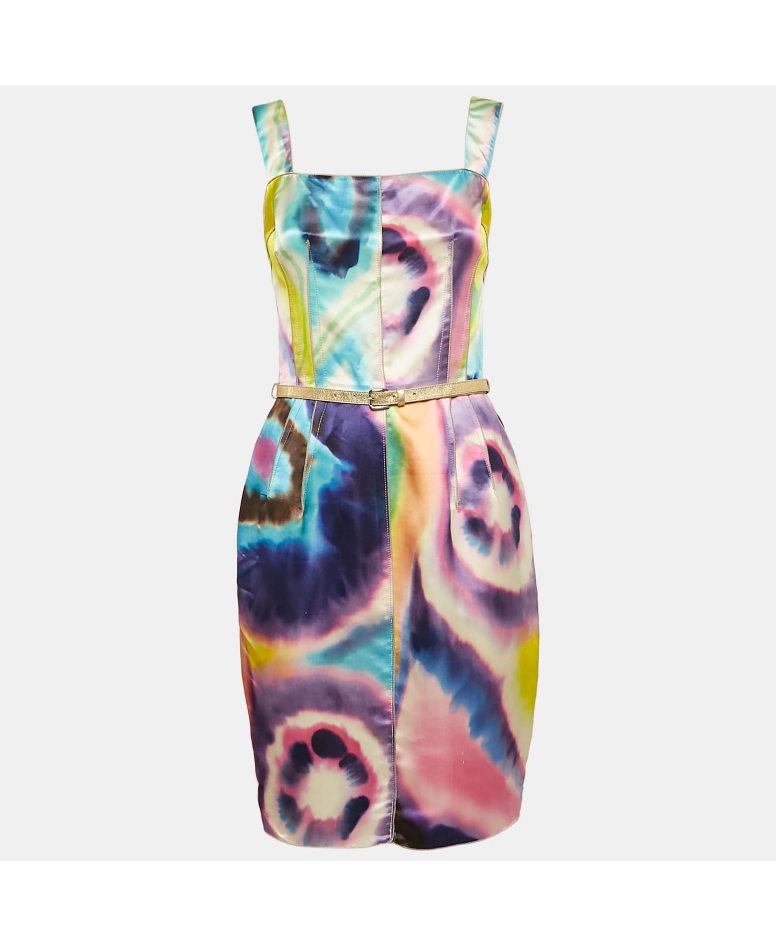 Pre-Owned Dolce & Gabbana Women's Pre-Owned Dolce and Gabbana Multicolor Tie-Dye Print Satin Sheath Dress