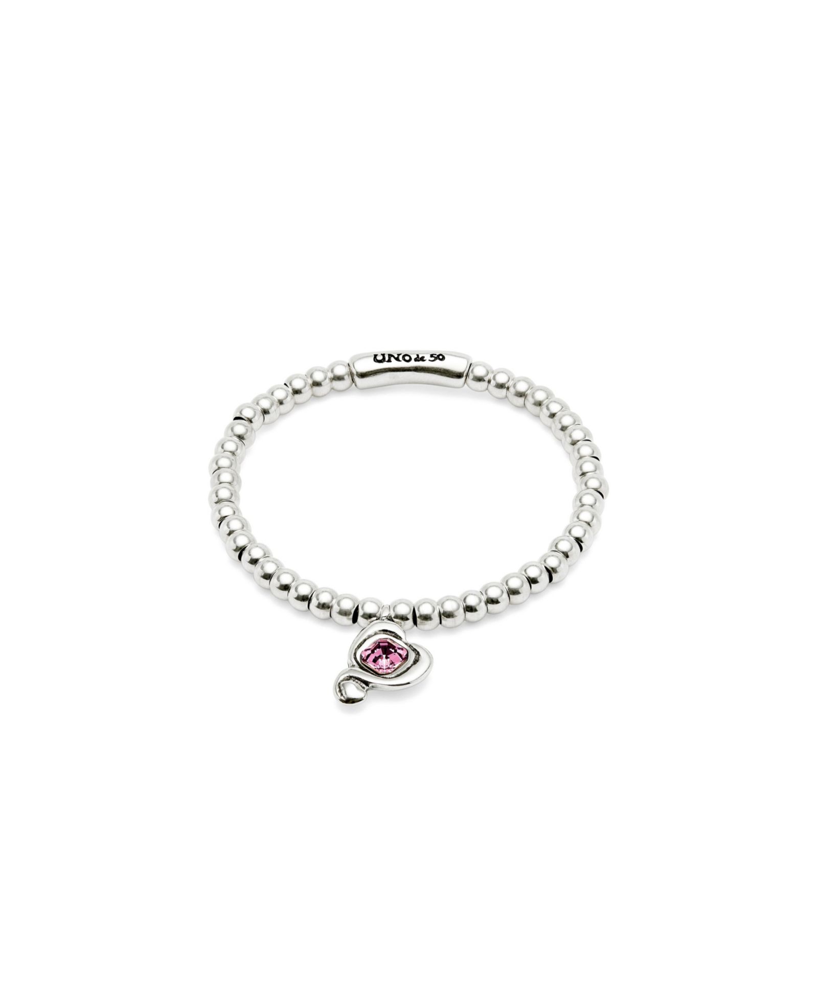 UNOde50 Silver Beaded and Pink Crystal Heart Stretch Bracelet