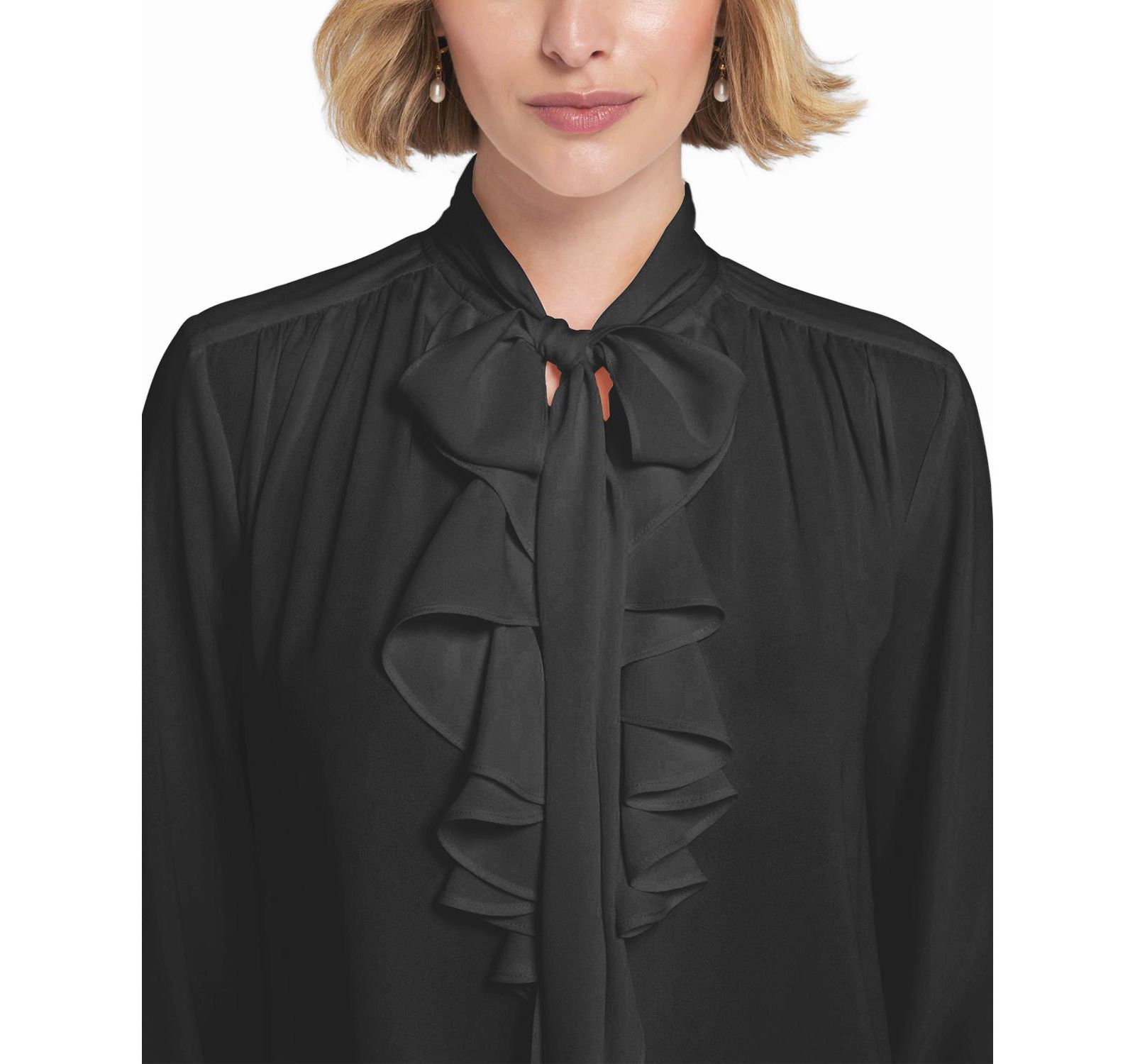 ELLE Collection Women's Flounce-Trimmed Tie-Neck Blouse Top