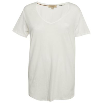 Женская белая хлопковая футболка с вышивкой логотипа Burberry V-Neck