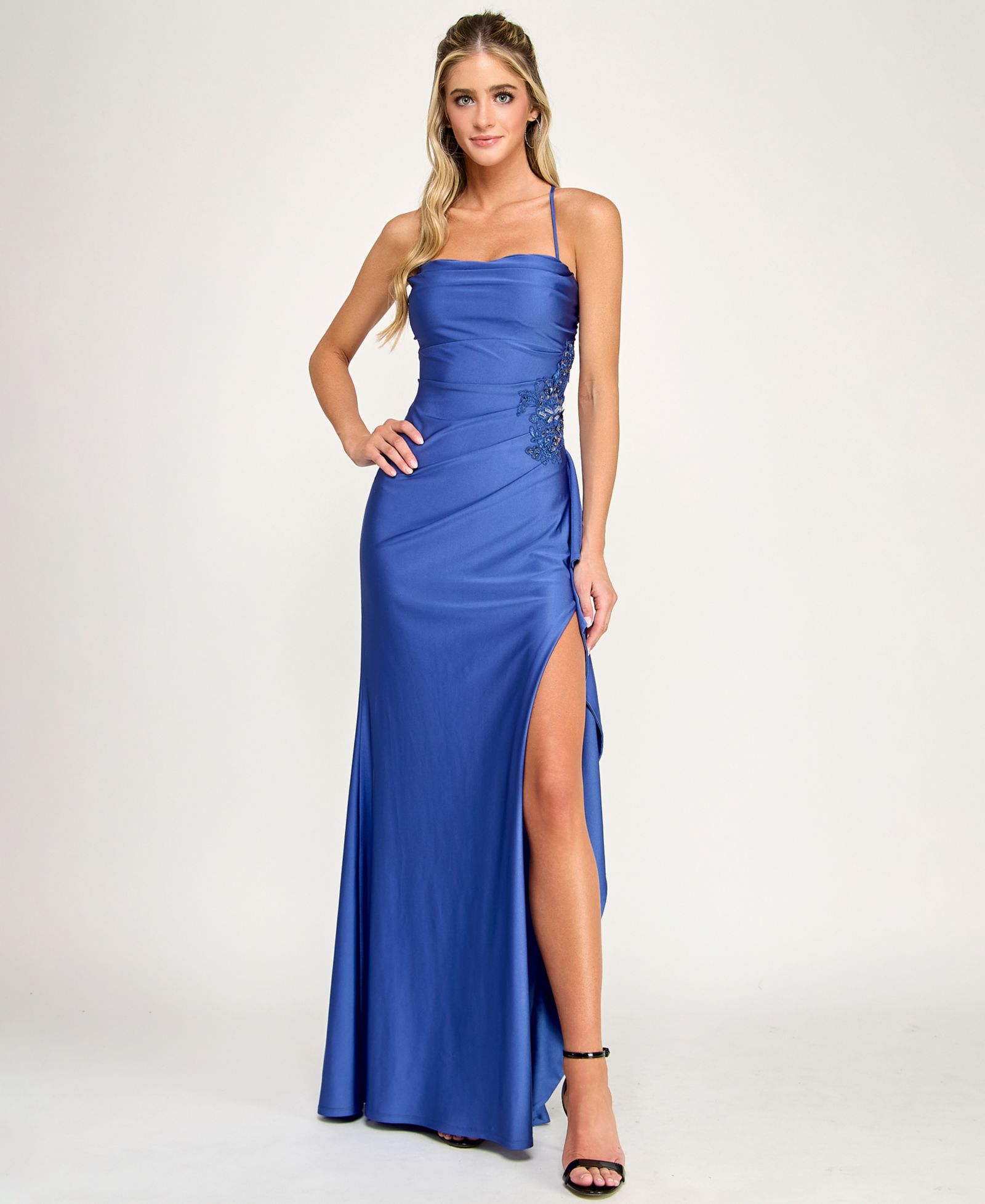 SENI & CADE City Studios Juniors' Drape Neck Side Ruffle Gown