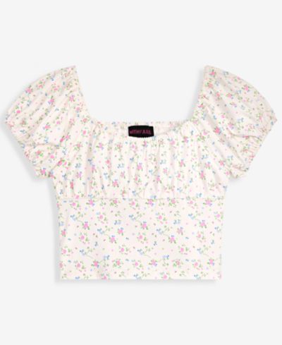 With Jules Girls' 7-16 Ruched Floral Print Short-Sleeve Milkmaid Top