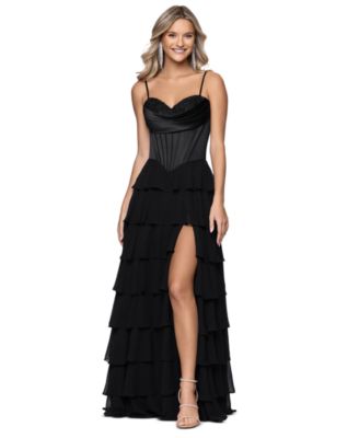 Blondie Nites Juniors' Sweetheart Chiffon Tiered Lace-Up Back Corset Ball Gown