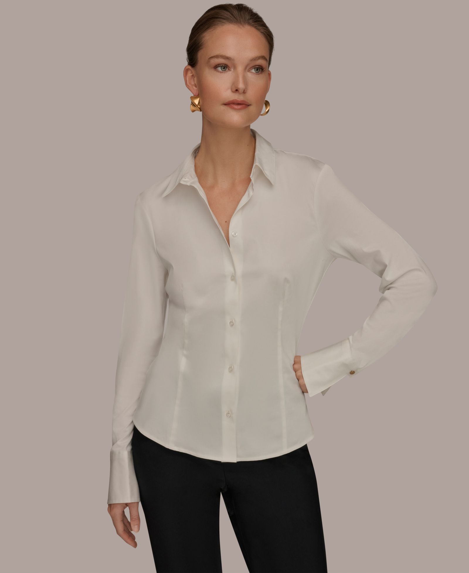 Donna Karan New York Women's Mixed Media Long-Sleeve Poplin Shirt