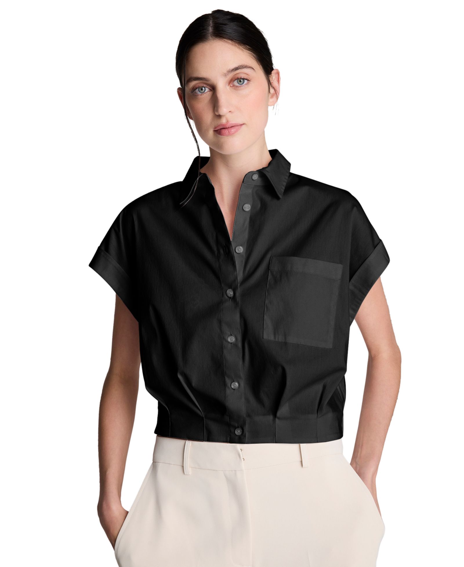 Kenneth Cole Women's Short-Sleeve Button-Front Collared Cropped Shirt
