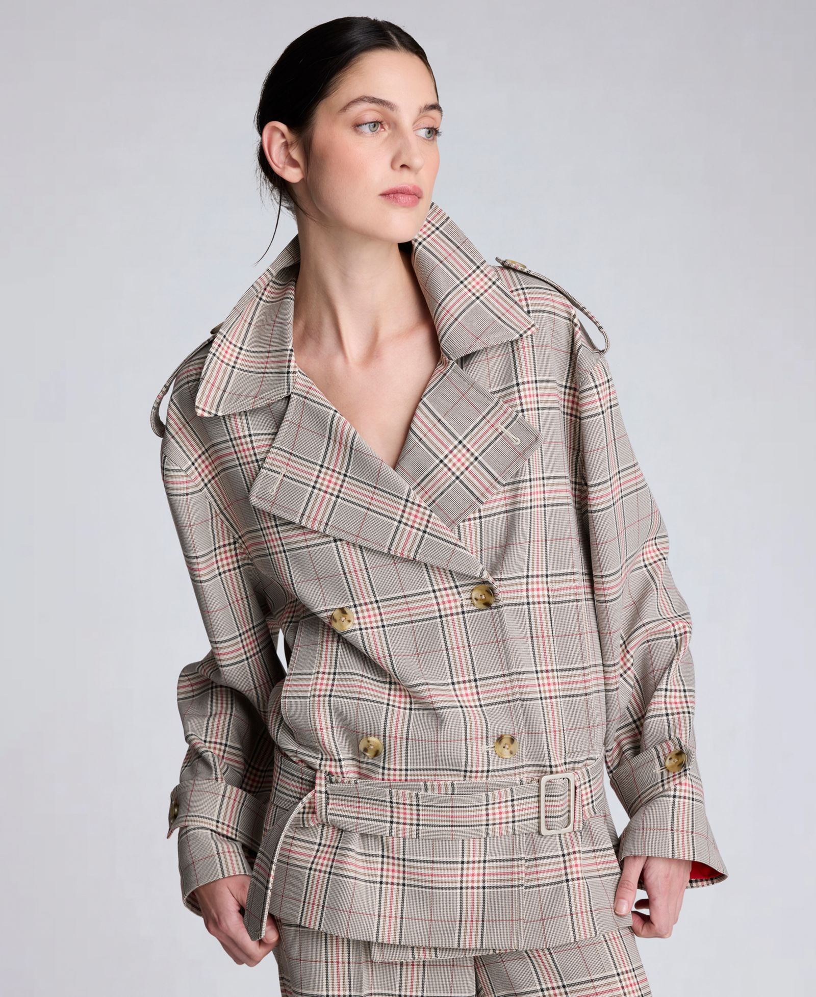 Kenneth Cole Women's Glen Plaid Button Front Drop Waist Belted Trench Jacket