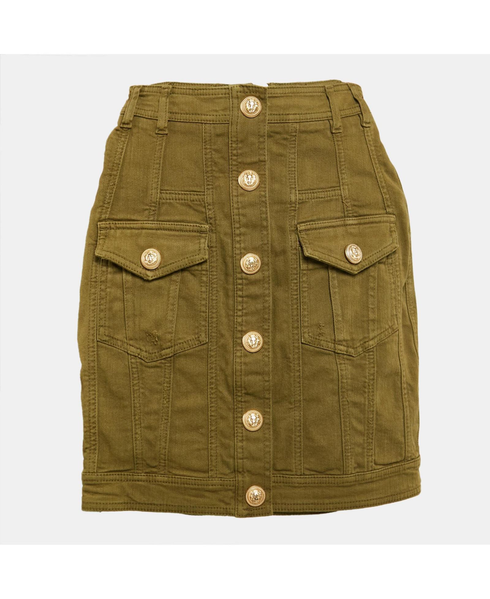 Pre-Owned Balmain Women's Olive Green Distressed Denim Accents Mini Skirt