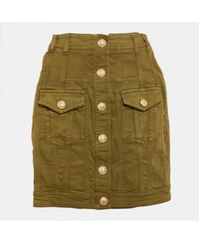 Pre-Owned Balmain Women's Olive Green Distressed Denim Accents Mini Skirt