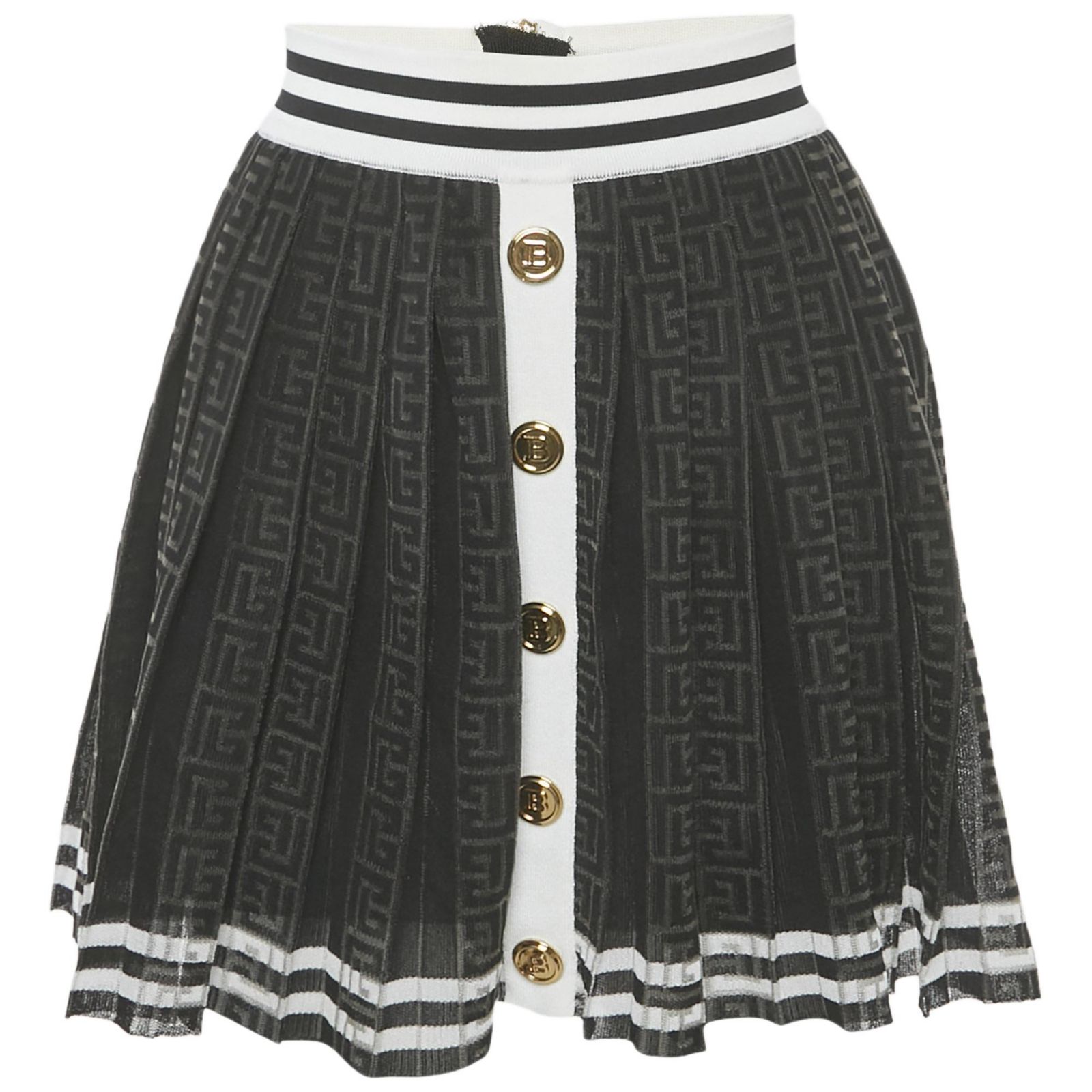 Pre-Owned Balmain Women's Black Monogram Mesh Pleated Mini Skirt