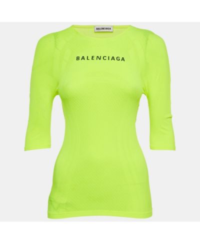 Pre-Owned Balenciaga Women's Acid Green Logo Print Mesh Jersey Fitted Top