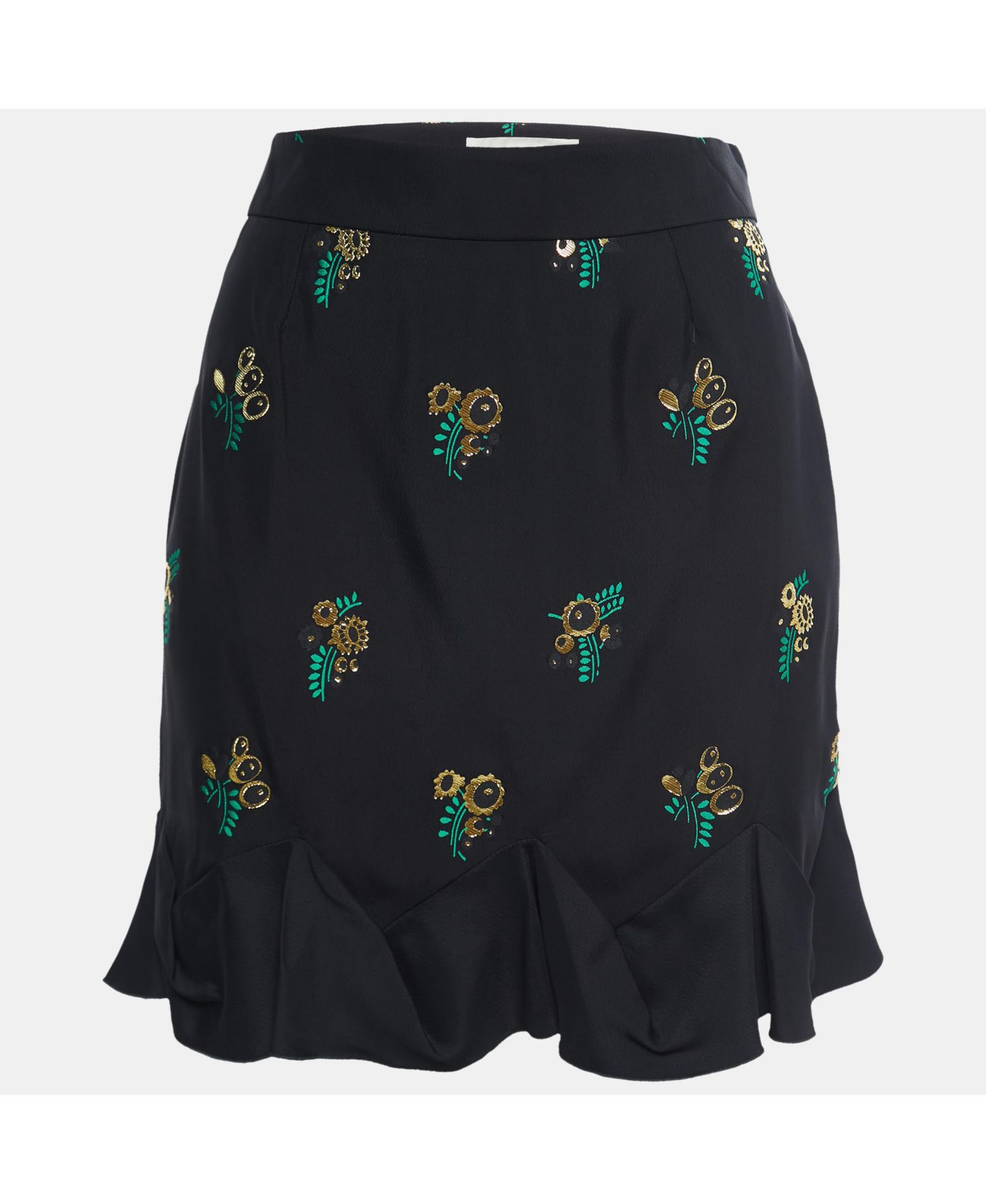 Pre-Owned Stella Mccartney Women's Black Patterned Crepe Ruffle Trimmed Skirt