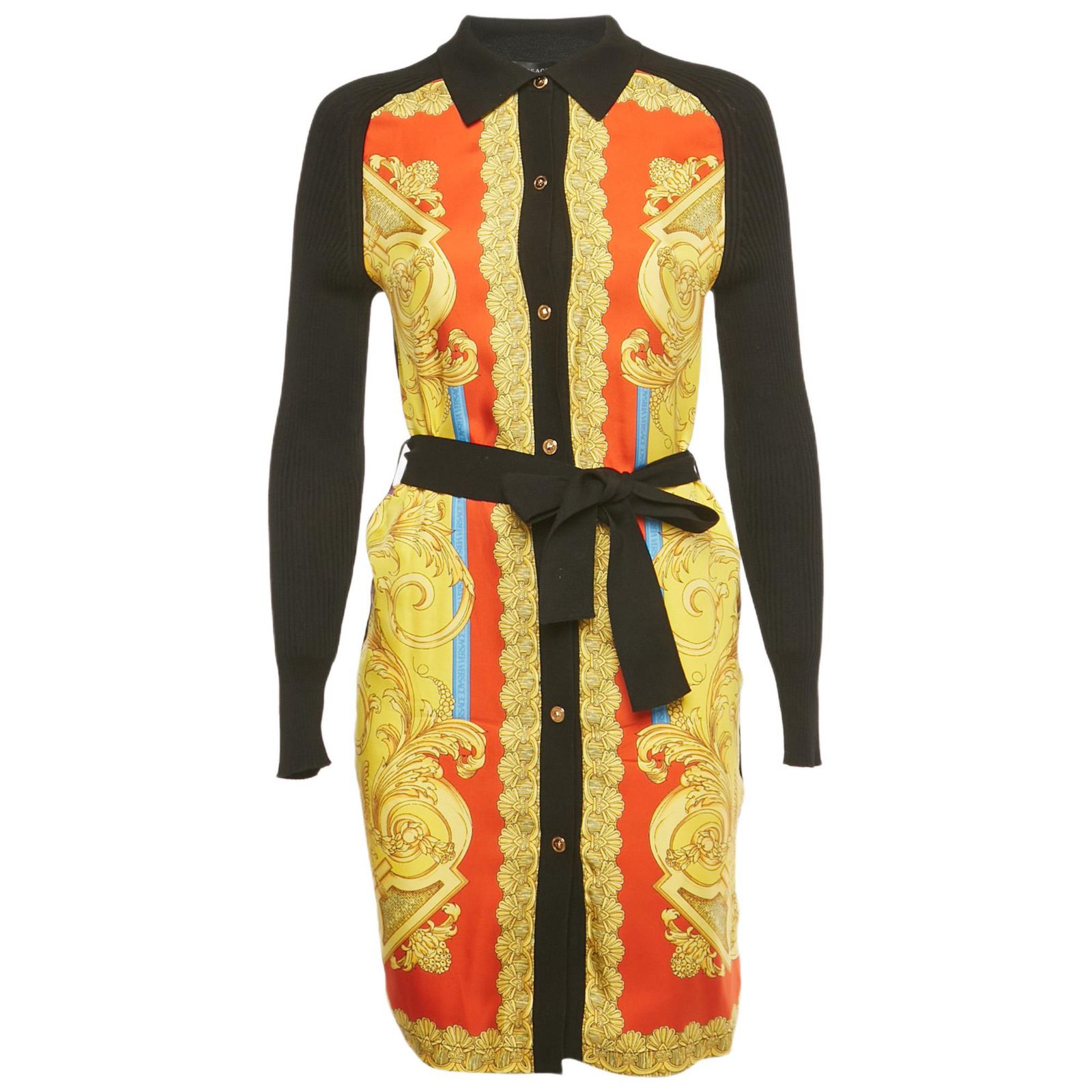 Pre-Owned Versace Women's Black/yellow Barocco Print Silk And Rib Knit Cardigan