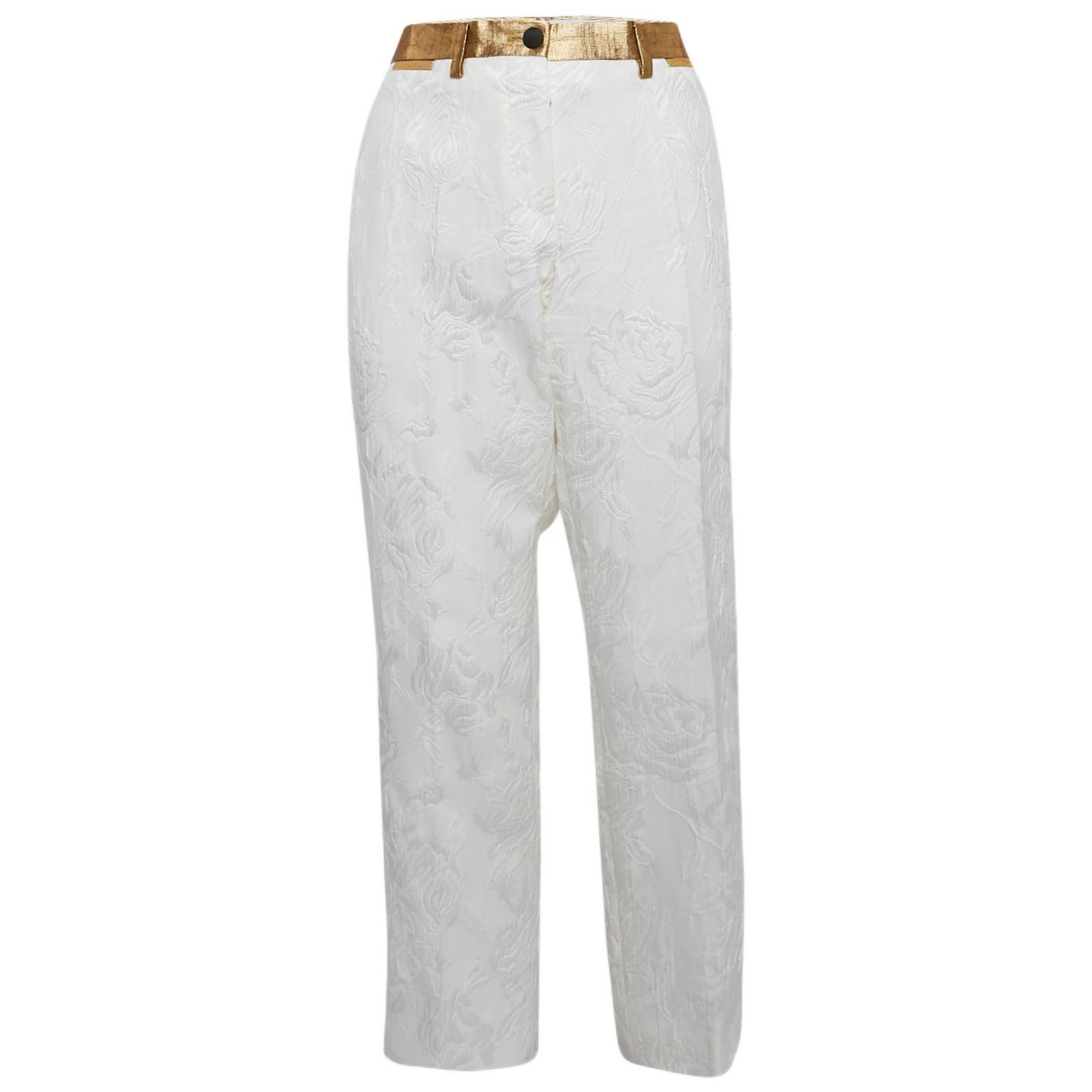 Pre-Owned Dolce & Gabbana Women's Pre-Owned Dolce and Gabbana White Floral Jacquard Contrast Trimmed Trousers
