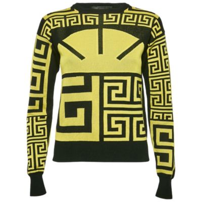 Pre-Owned Versace Women's Black/yellow Greca Pattern Jersey Crewneck Sweatshirt