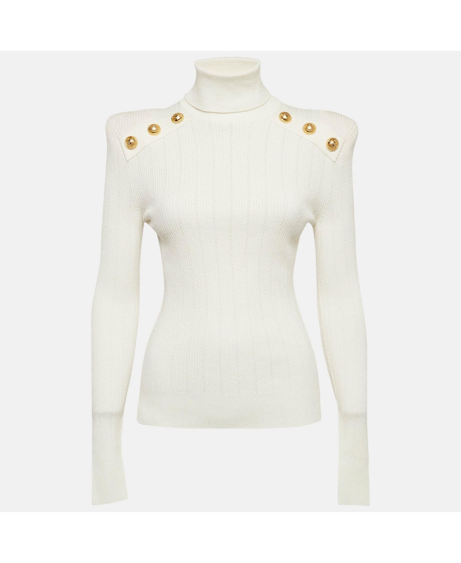 Pre-Owned Balmain Women's White Rib Knit Structured Shoulders Turtleneck Sweater