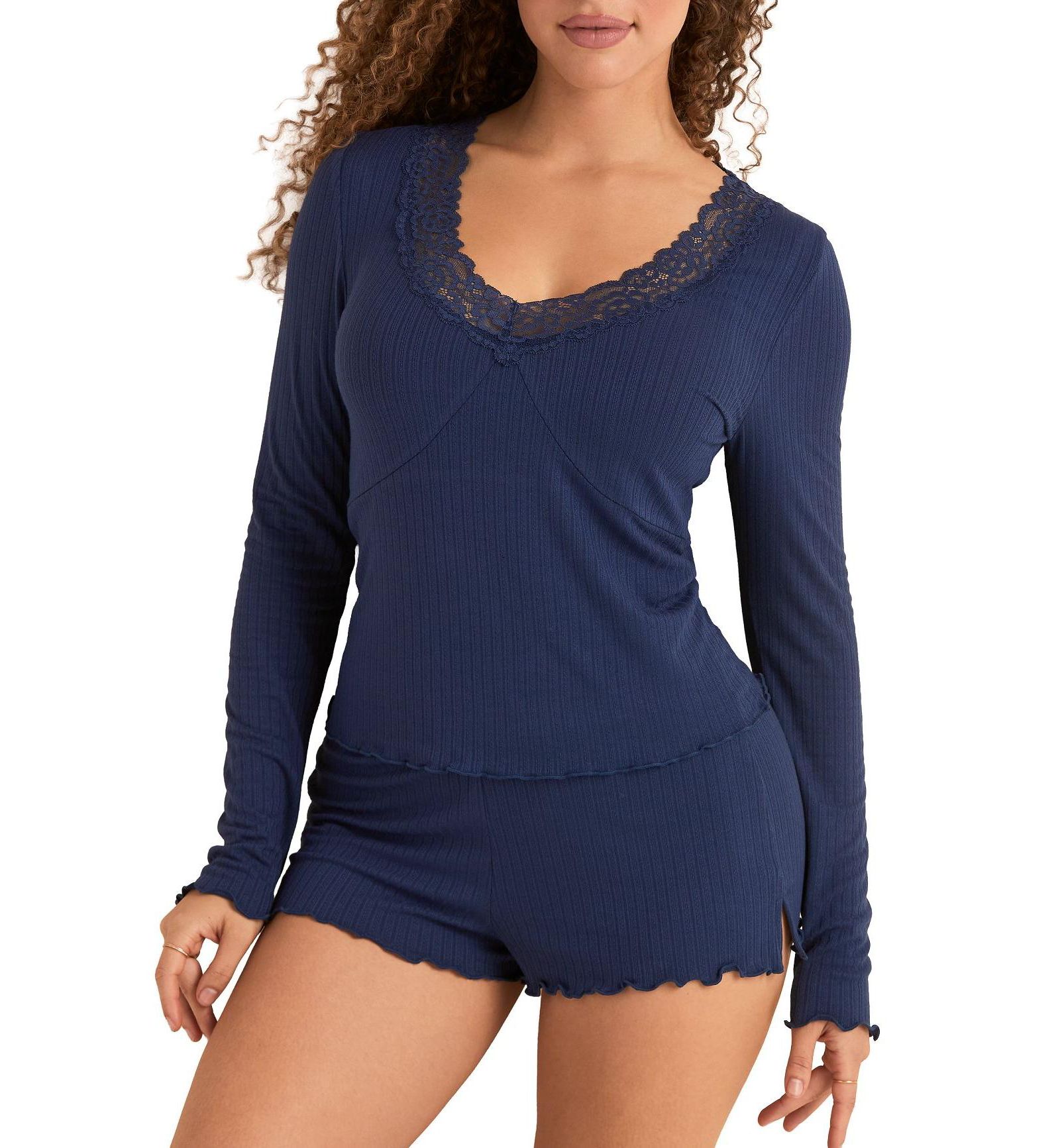 Adore Me Women's Brooks Pajama Long Sleeve Top & Shorts Set