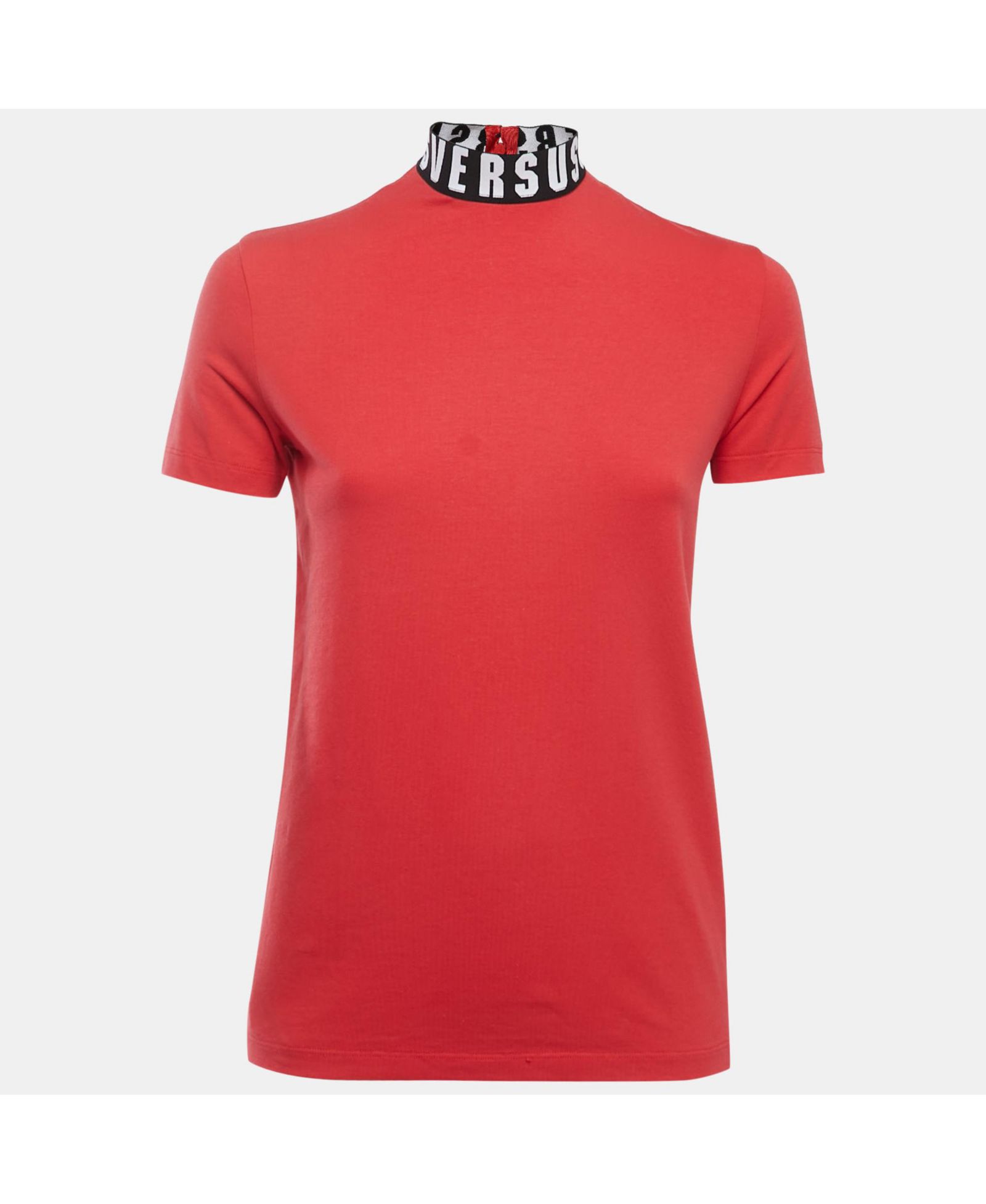 Pre-Owned Versace Women's Pre-Owned Versus Versace Red Cotton Logo Detailed High Neck T-Shirt