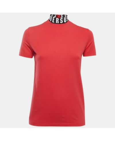 Pre-Owned Versace Women's Pre-Owned Versus Versace Red Cotton Logo Detailed High Neck T-Shirt