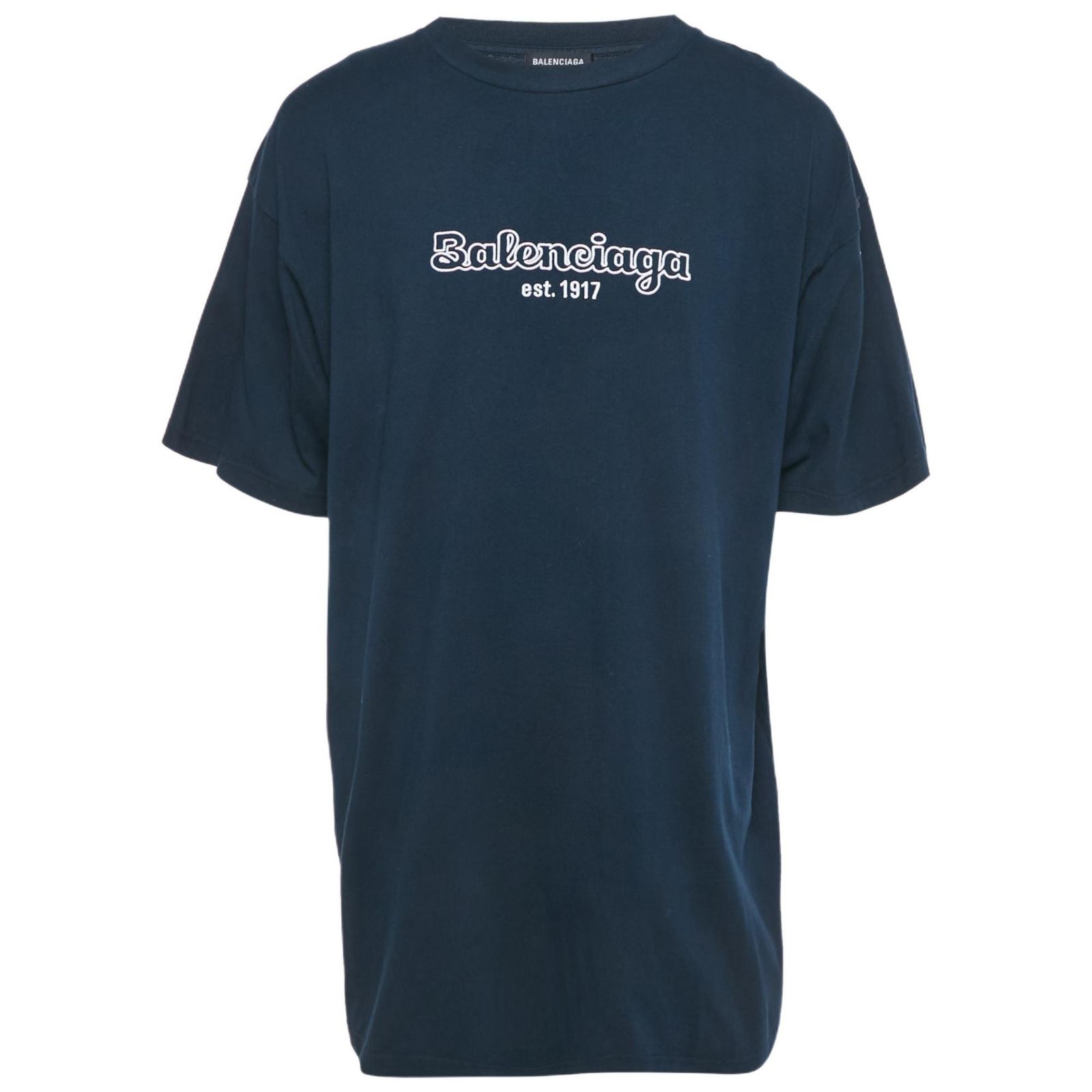 Pre-Owned Balenciaga Men's Navy Blue Logo Embroidered Cotton T-Shirt