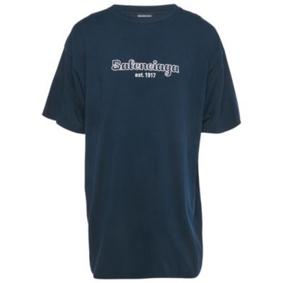 Pre-Owned Balenciaga Men's Navy Blue Logo Embroidered Cotton T-Shirt