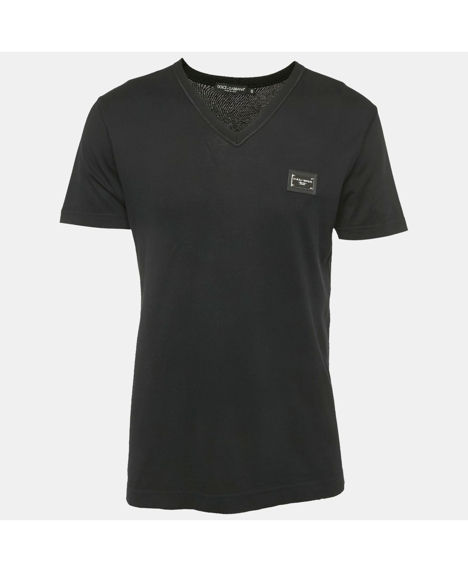 Pre-Owned Dolce & Gabbana Men's Black Cotton Logo Plaque Detail V-Neck T-Shirt