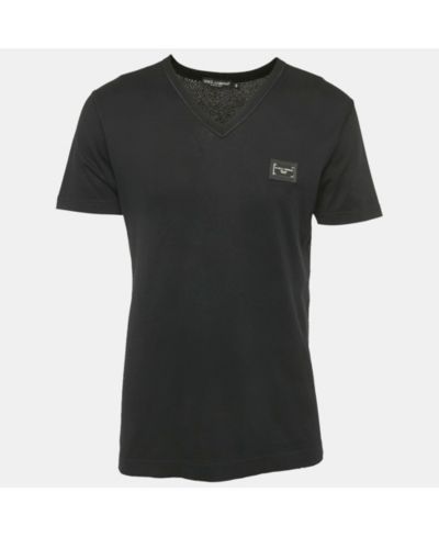 Pre-Owned Dolce & Gabbana Men's Black Cotton Logo Plaque Detail V-Neck T-Shirt