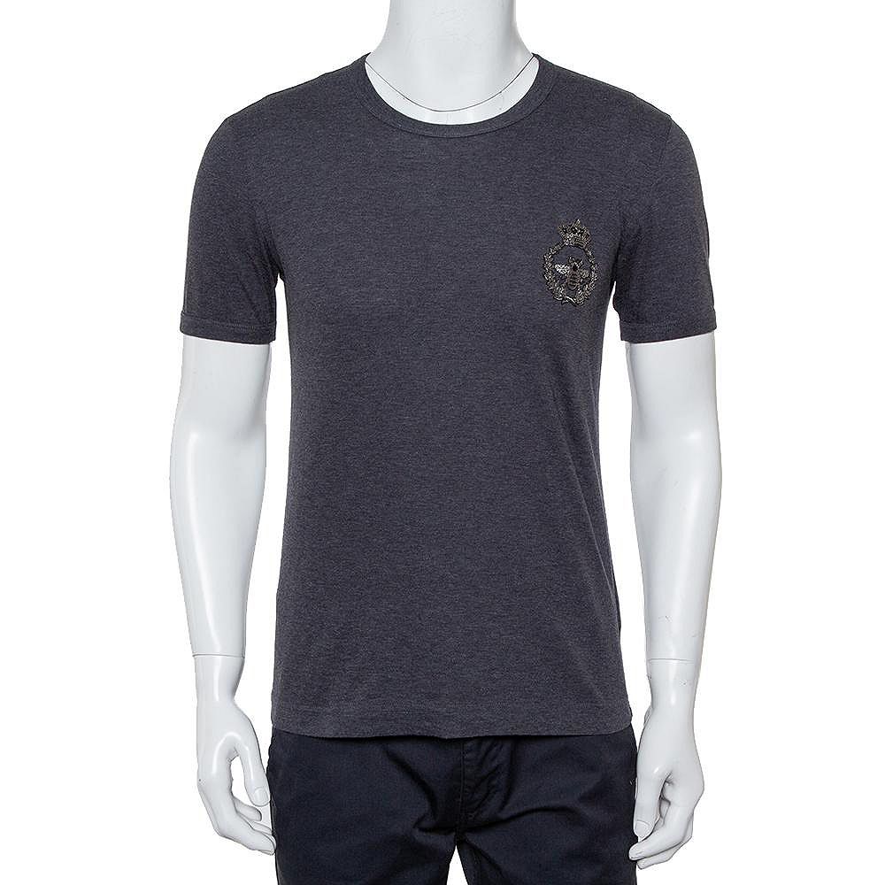 Pre-Owned Dolce & Gabbana Men's Grey Cotton Crown & Bee Patch T Shirt
