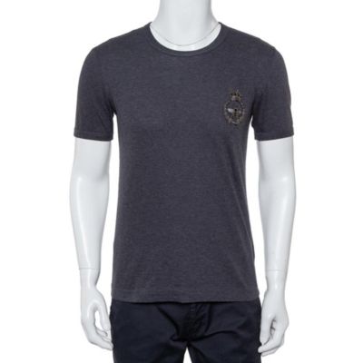 Pre-Owned Dolce & Gabbana Men's Grey Cotton Crown & Bee Patch T Shirt