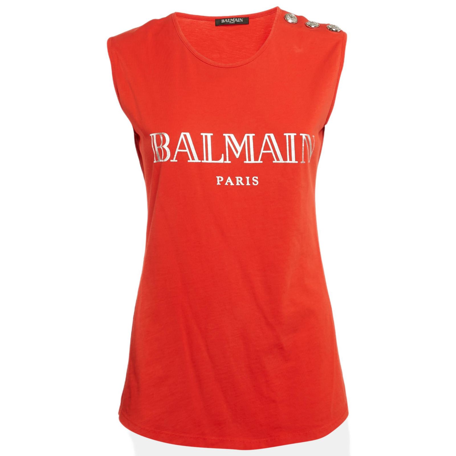 Pre-Owned Balmain Women's Orange Logo Print Jersey Button Detail Sleeveless T-Shirt