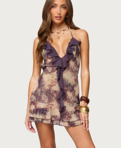 Edikted Womens Abstract Printed Backless Ruffle Mini Dress