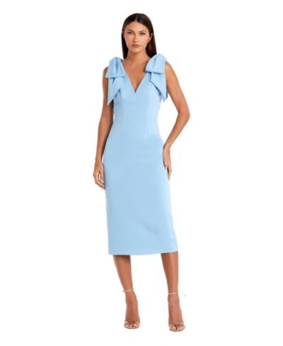 Mac Duggal Women's V-Neck Bow Shoulder Sheath Midi Dress