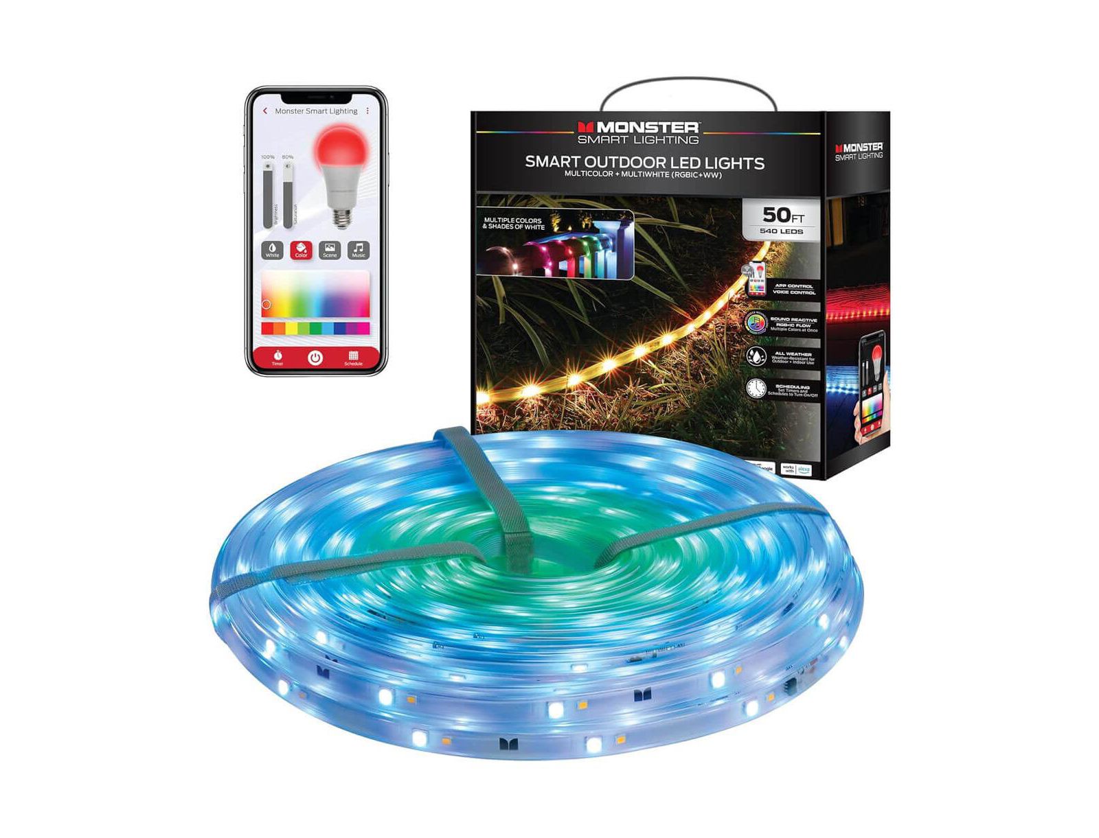 MONSTER CABLE 50 ft Sound Reactive Smart Multi-Color Outdoor LED Light Strip